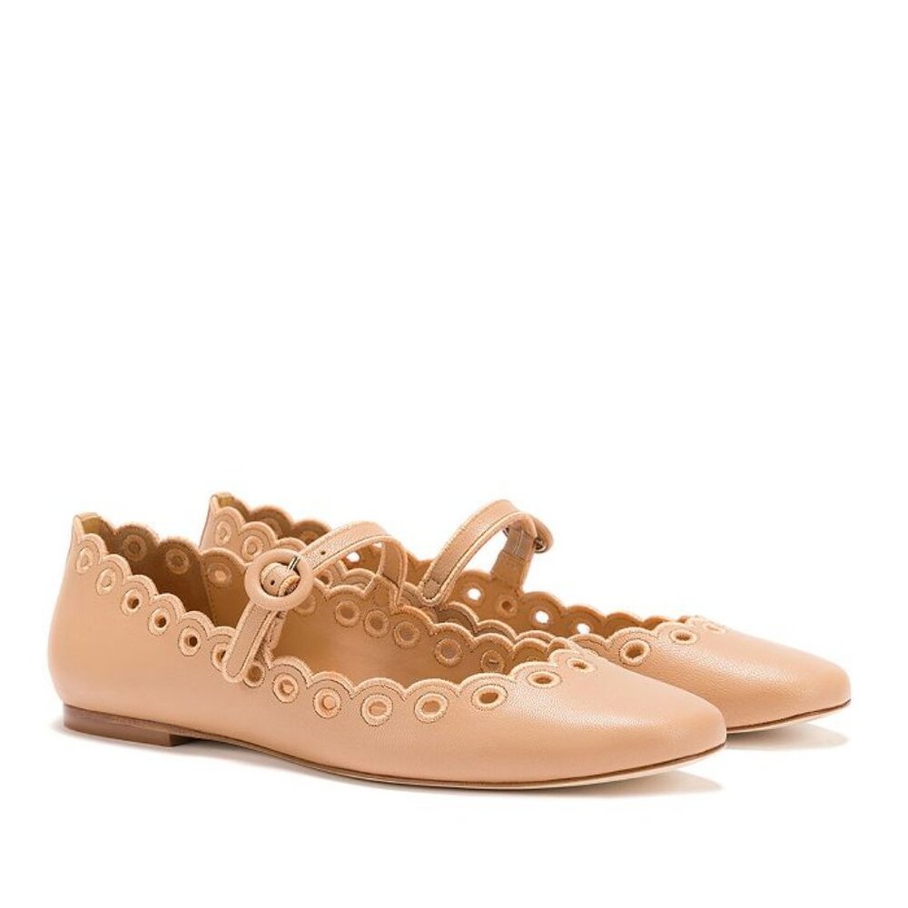 Larroude Blair Broderie Tan Leather Ballet Flats